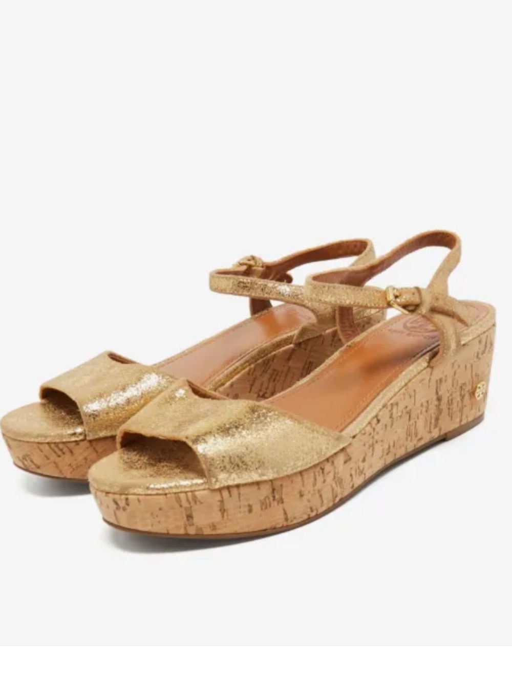 TORY BURCH 60mm Abena platform wedge sandals Gold Metallic Cork Size 8.5 NEW
